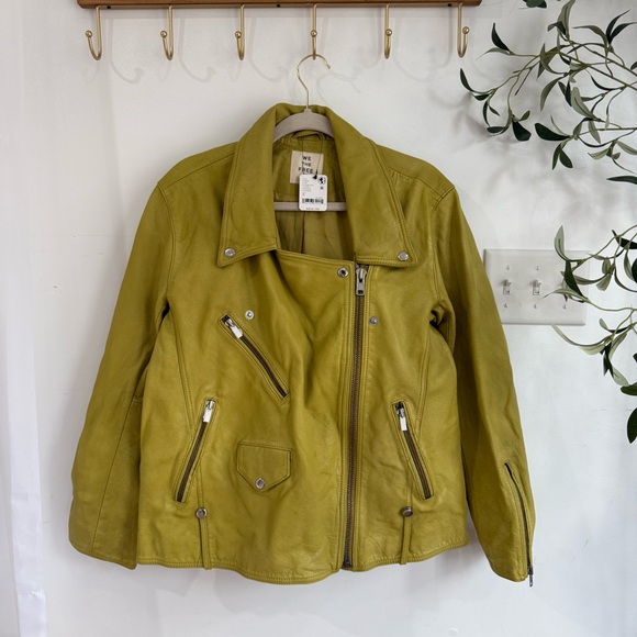 Free People We The Free Jealousy Leather Moto Jacket Green Canary - Picture 2 of 5